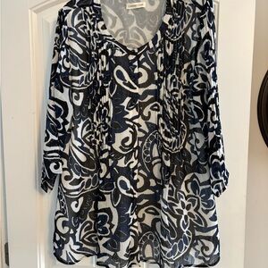 Coldwater Creek Navy and White Patterned Blouse
